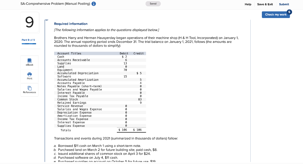  SA-Comprehensive Problem (Manual Posting) Saved Help Save & Exit Submit Check