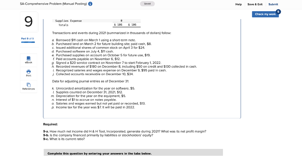 my work 9 Required information (The following information applies to the questions
