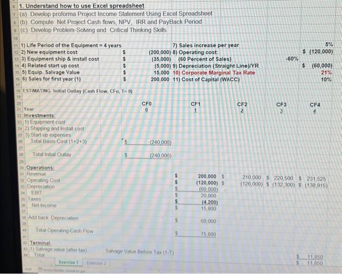  1. Understand how to use Excel spreadsheet Net Income c Add