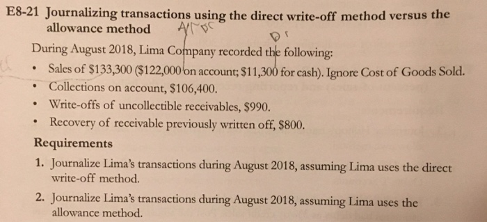  E8-21 Journalizing transactions using the direct write-off method versus the Ar