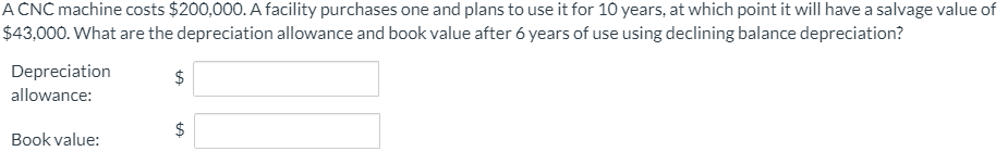  A CNC machine costs $200,000. A facility purchases one and plans