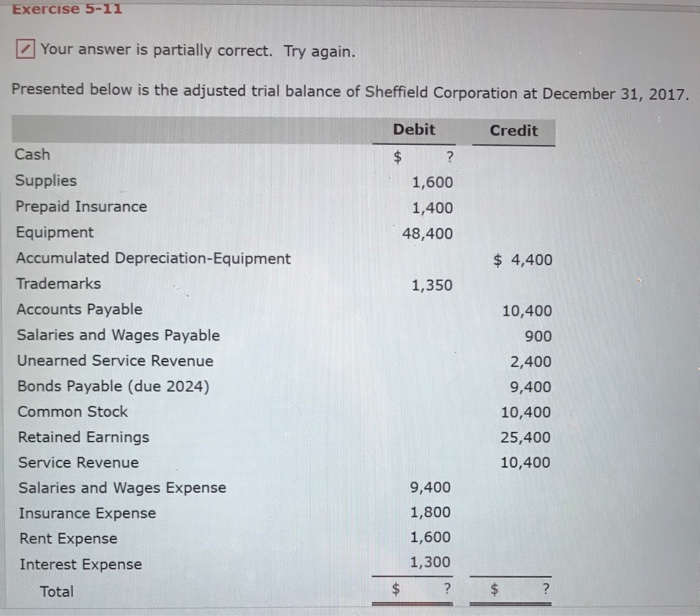  Exercise 5-11 Your answer is partially correct. Try again Presented below