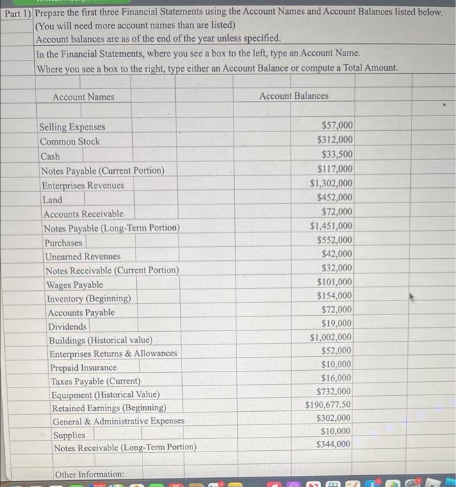 i only need part 2-4 Part 1) Prepare the first three Financial