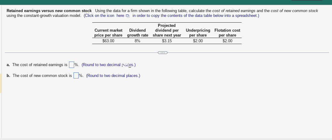  Retained earnings versus new common stock Using the data for a
