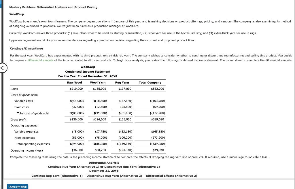 Mastery Problem: Differential Analysis and Product Pricing WoolCorp WoolCorp buys sheep's