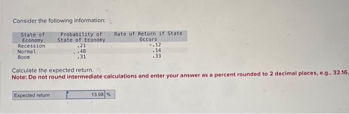  Consider the following information: Calculate the expected return. Note: Do not