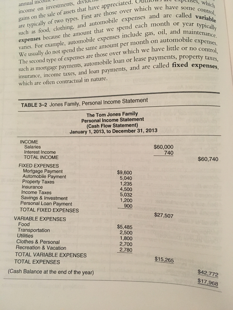 Given the personal cash flow statement in Table 3-2, use your own