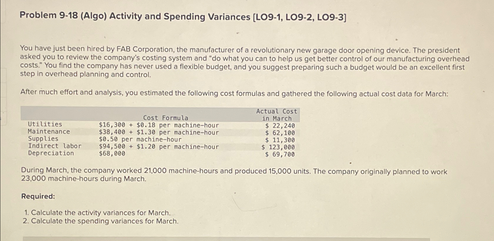  Problem 9-18(Algo) Activity and Spending Variances [LO9-1, LO9-2, LO9-3] You have