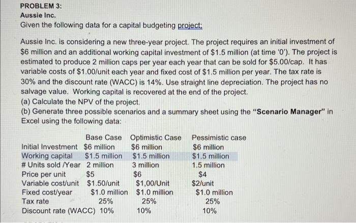 Need to use Excel. Thanks. PROBLEM 3: Aussie Inc. Given the following
