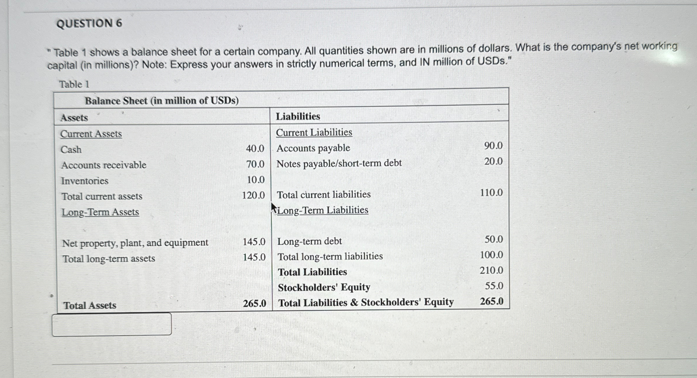  QUESTION 6 "Table 1 shows a balance sheet for a certain