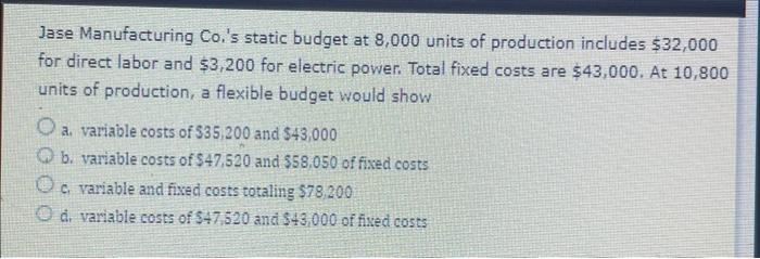 you! Miller and Sons' static budget for 9,500 units of production includes