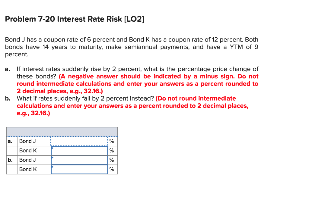  Problem 7-20 Interest Rate Risk [LO2] Bond J has a coupon