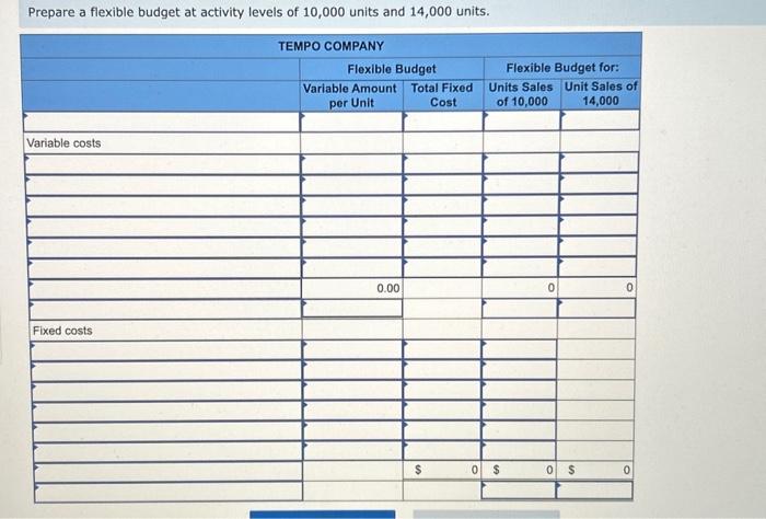 activity levels of 10,000 units and 14,000 units. Compute total fixed costs.