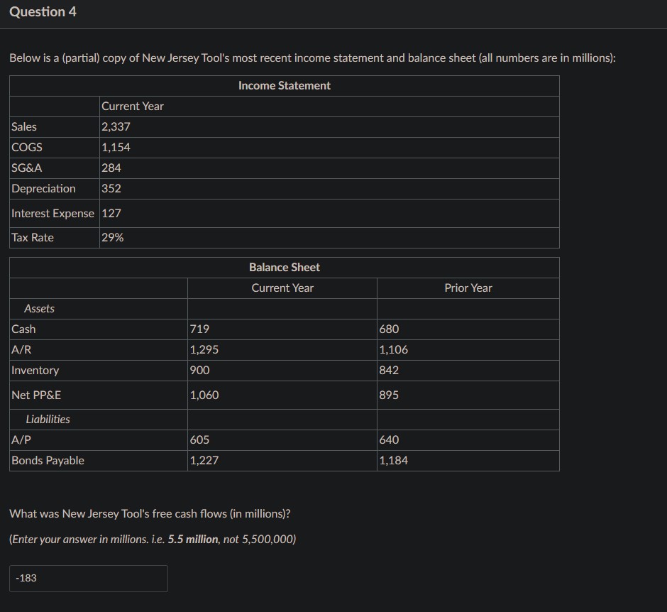  Question 4 Below is a (partial) copy of New Jersey Tool's