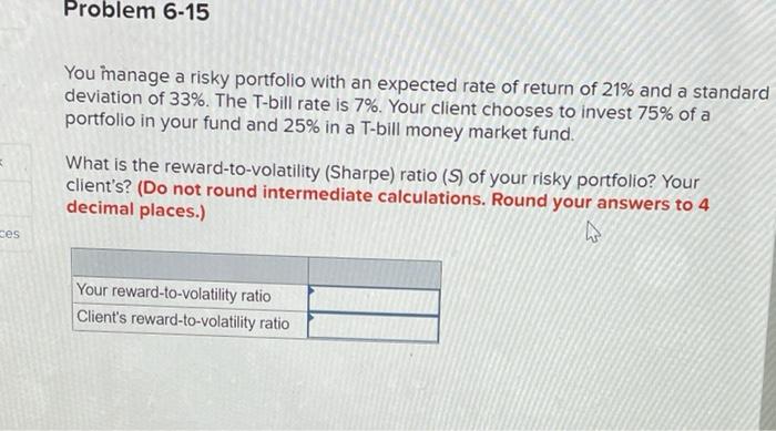  Problem 6-15 You manage a risky portfolio with an expected rate