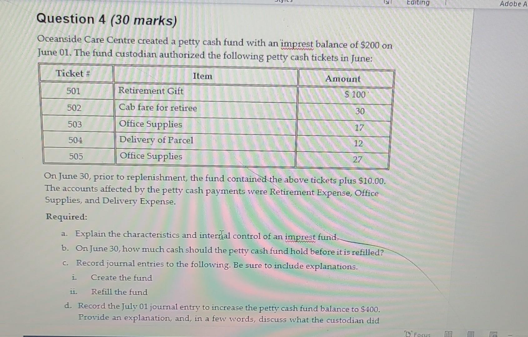  Question 4 (30 marks) Oceanside Care Centre created a petty cash