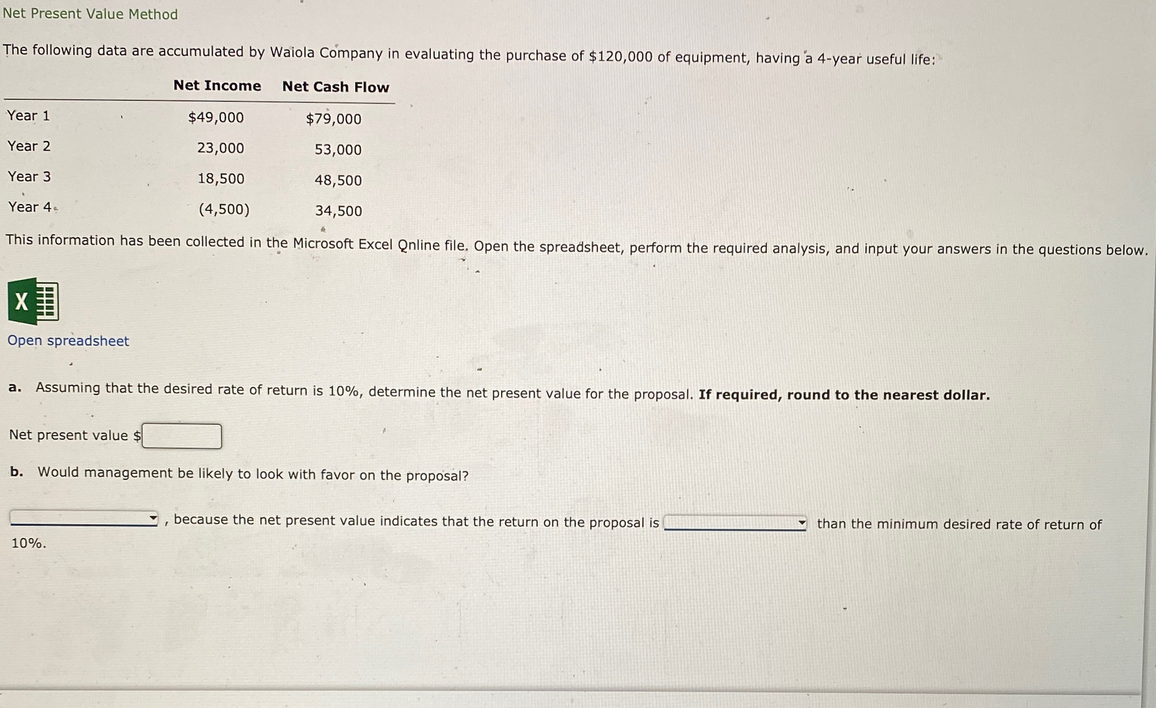  Net Present Value Method The following data are accumulated by Waiola