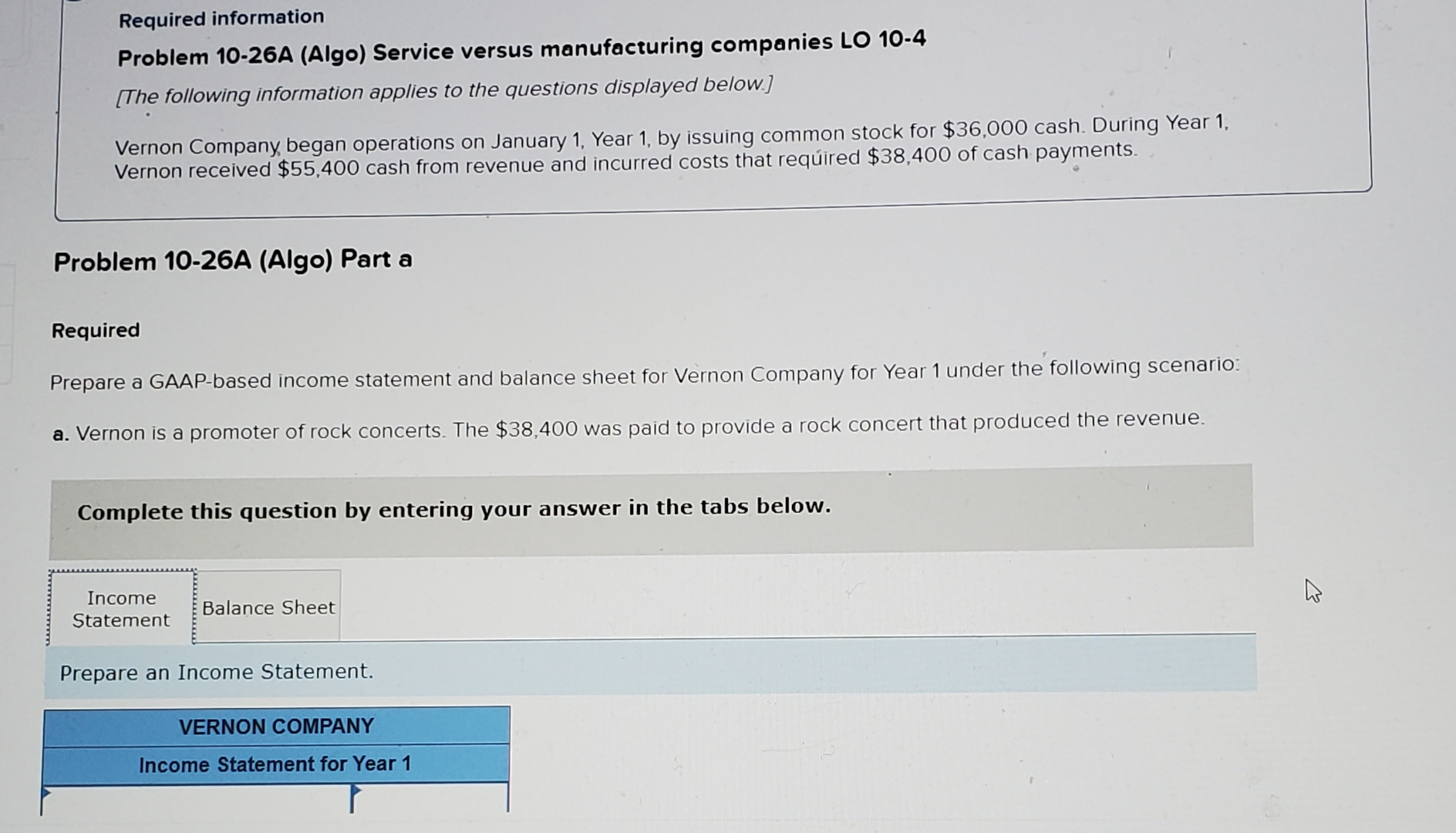  Required information Problem 10-26A (Algo) Service versus manufacturing companies LO 10-4