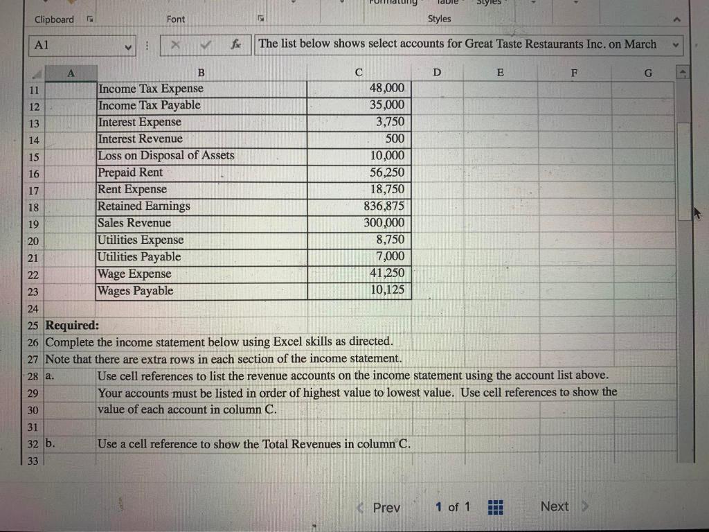 Styles Styles Cells Editing Clipboard Font => A1 fx The list below