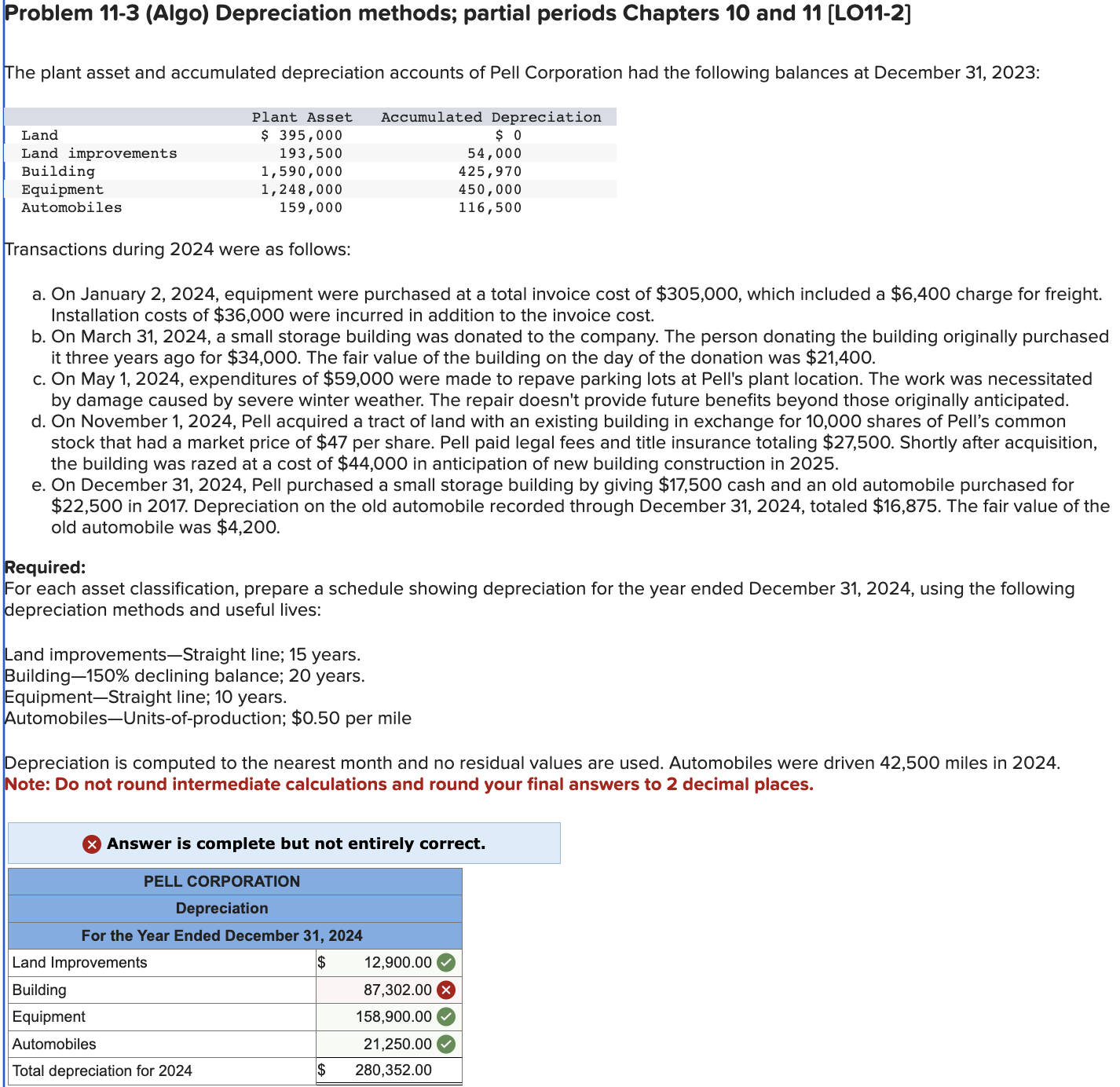  Problem 11-3(Algo) Depreciation methods; partial periods Chapters 10 and 11[LO11-2] The