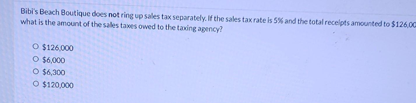  Bibi's Beach Boutique does not ring up sales tax separately. If