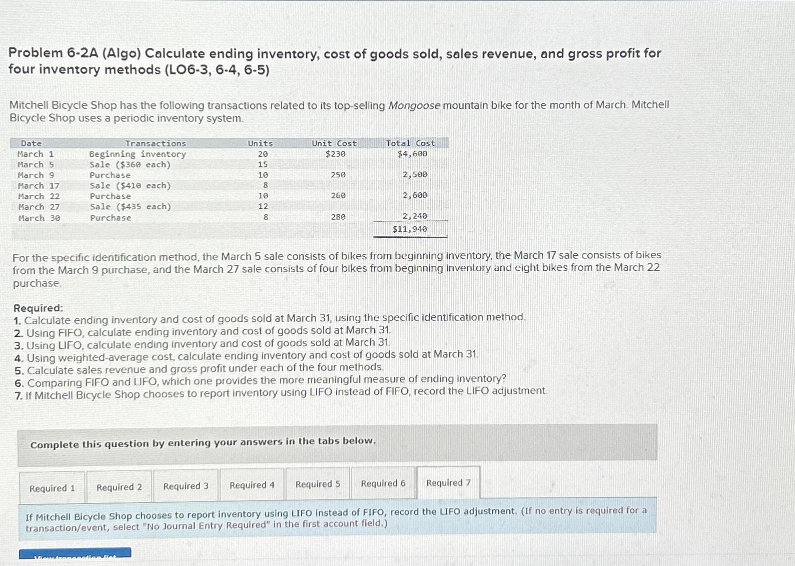  Problem 6-2A (Algo) Calculate ending inventory, cost of goods sold, sales