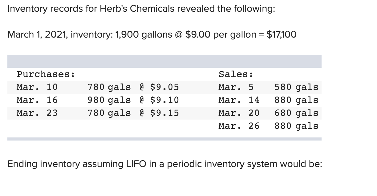  Inventory records for Herb's Chemicals revealed the following: March 1, 2021,