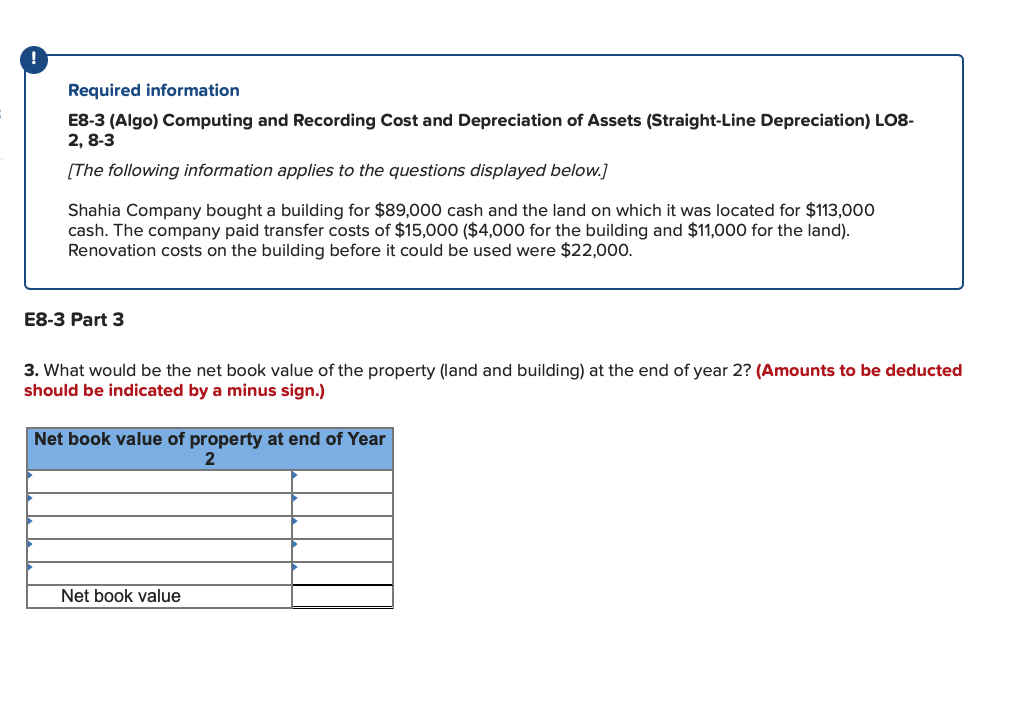 Required information E8-3 (Algo) Computing and Recording Cost and Depreciation of