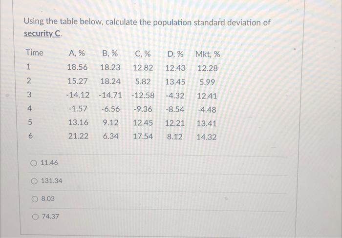  Using the table below, calculate the population standard deviation of security