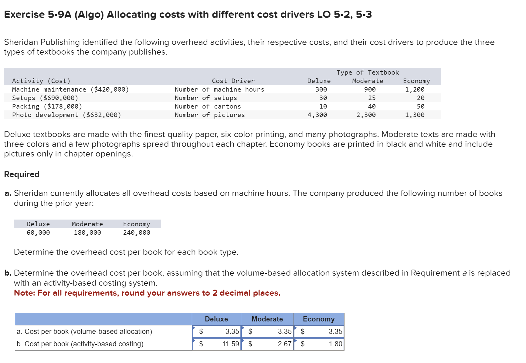  Exercise 5-9A (Algo) Allocating costs with different cost drivers LO 5-2,