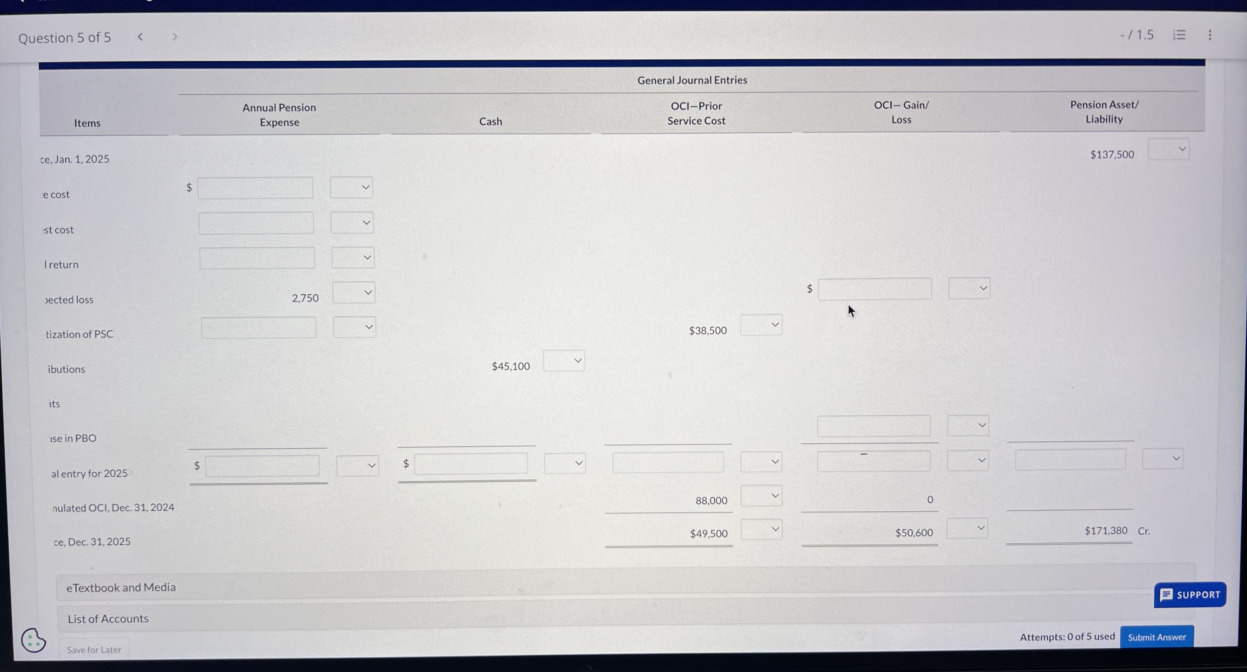 pension worksheet, indicating whether the amounts are debits or credits. (Enter all