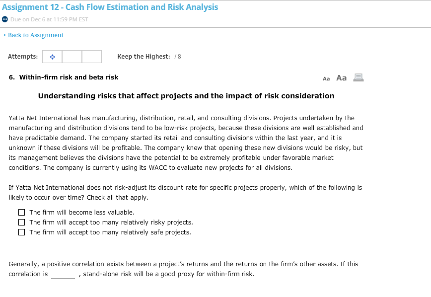 Assignment 12 Cash Flow Estimation and Risk Analysis Due on Dec