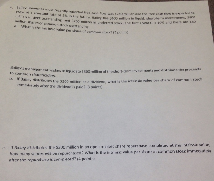  a. Bailey Breweries most recently reported free cash flow was $250