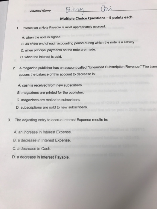  Student Name Multiple Choice Questions-5 points each 1. Interest on a