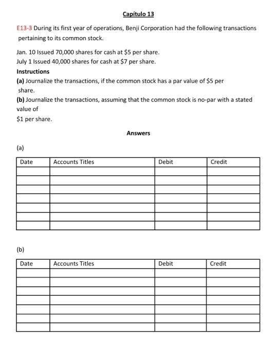  Capitulo 13 E13-3 During its first year of operations, Benji Corporation