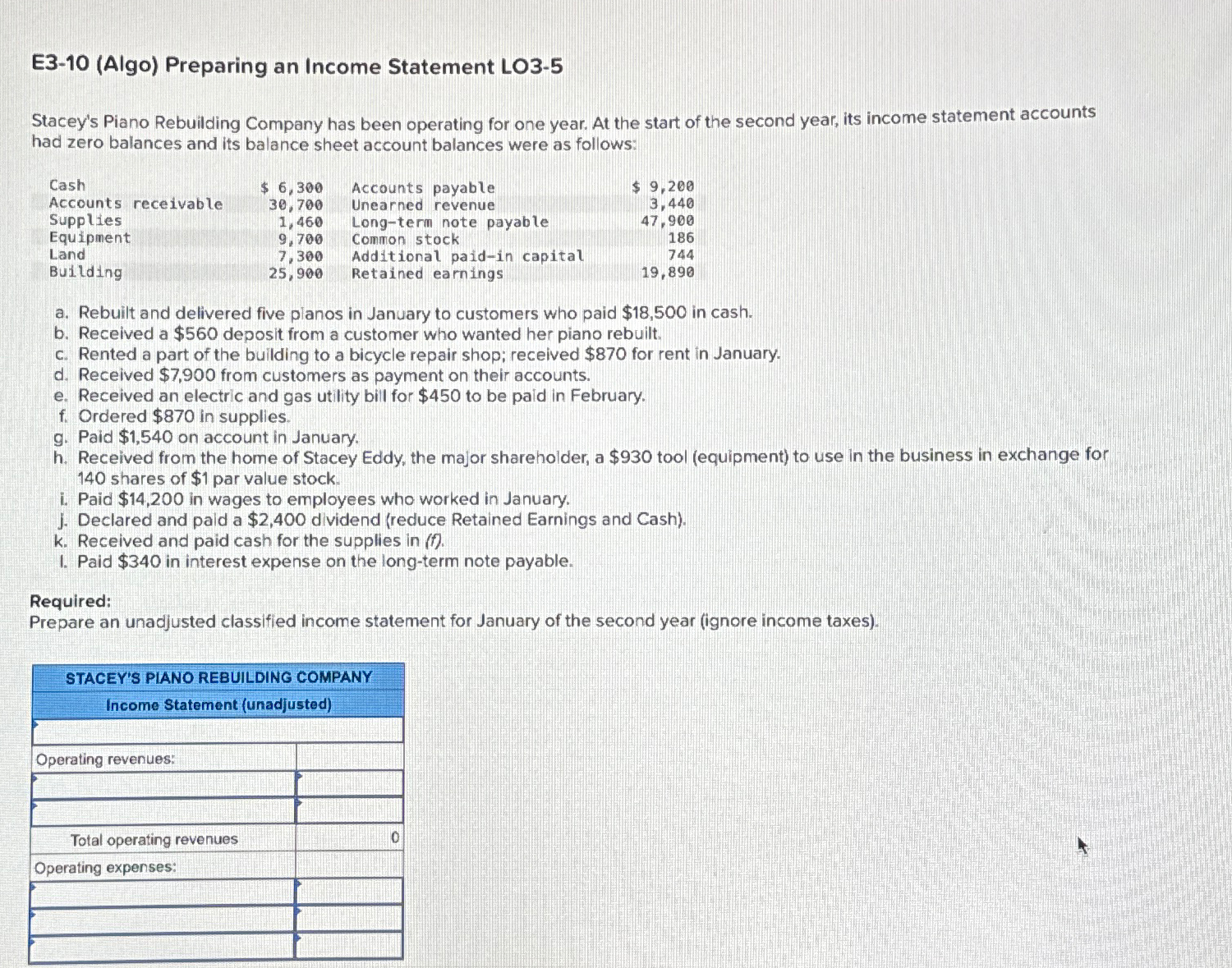  E3-10(Algo) Preparing an Income Statement LO3-5 Stacey's Piano Rebuilding Company has