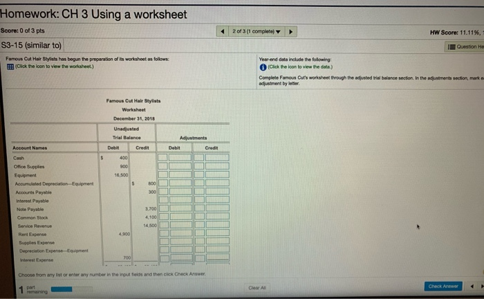  Homework: CH 3 Using a worksheet Score: 0 of 3 pts