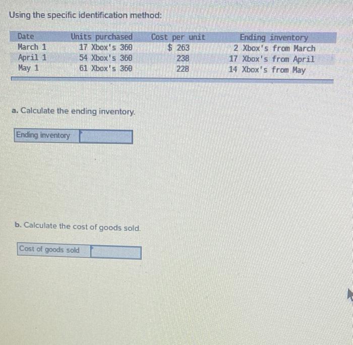  Using the specific identification method: Date March 1 April 1 May