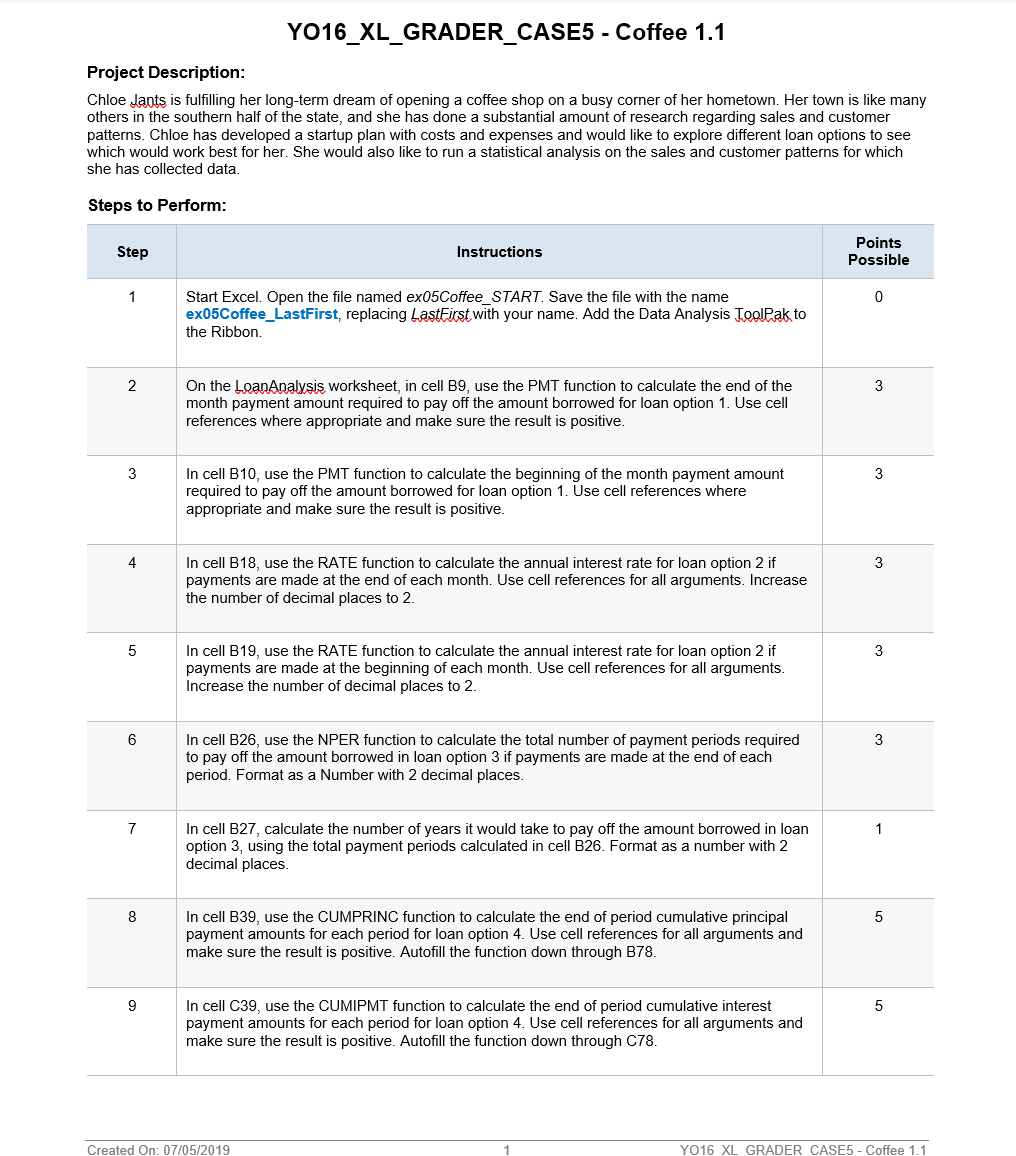  YO16_XL_GRADER_CASE5 - Coffee 1.1 Project Description: Chloe Jants is fulfilling her