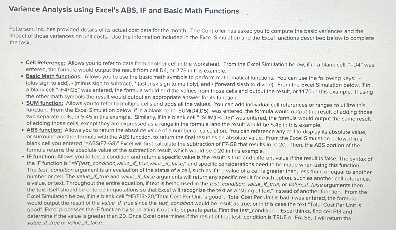 Variance Analysis using Excel's ABS, IF and Basic Math Functions Patterson,
