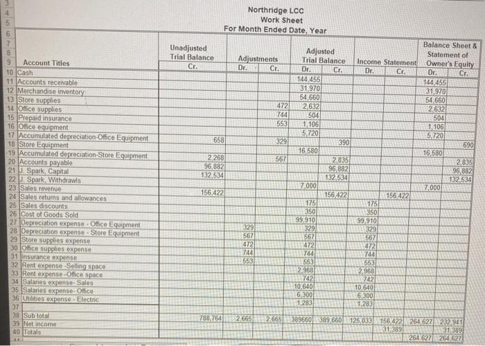 I need the income statement using this Northridge LCC Work Sheet For