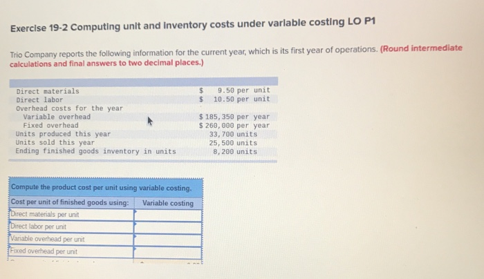  Exercise 19-2 Computing unit and Inventory costs under varlable costing LO