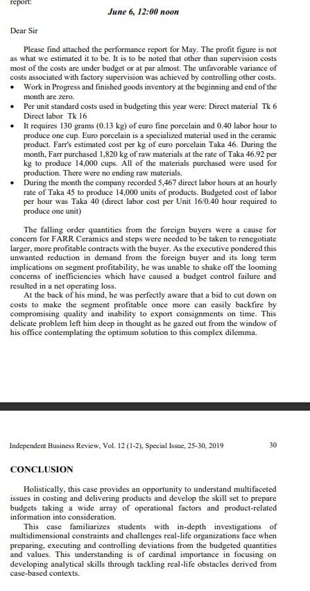 I: Budgeted and Actual costs along with performance analysis. Performance Report, May