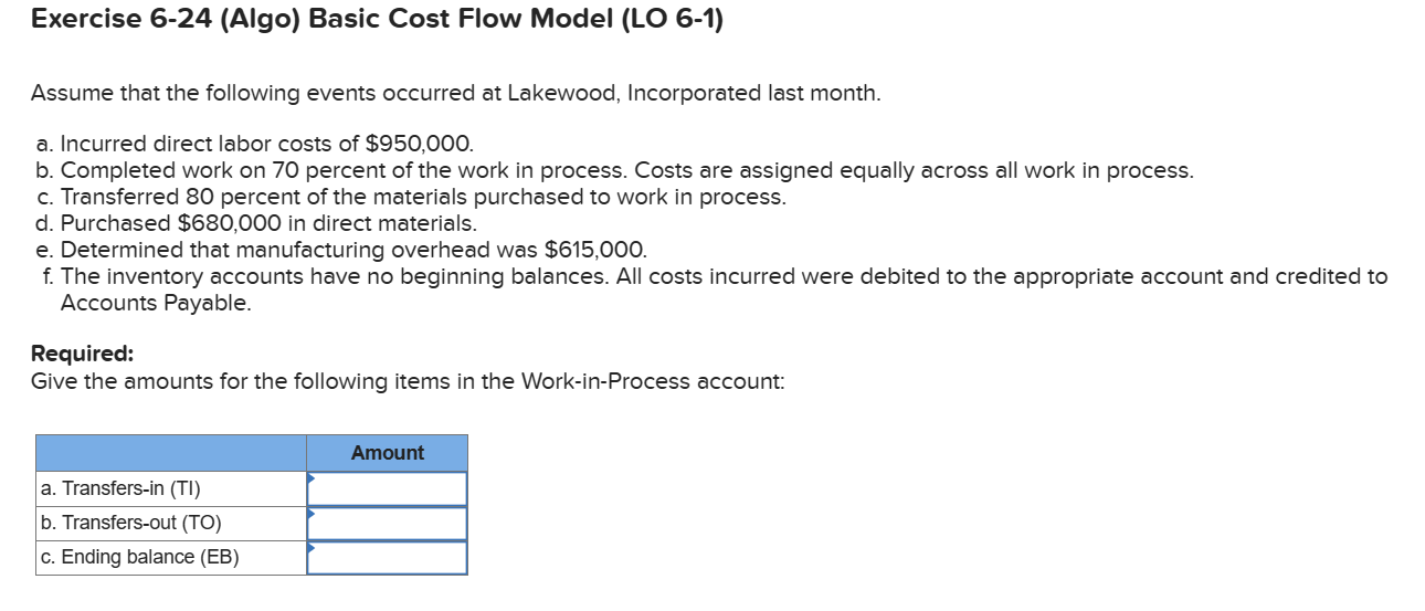  Exercise 6-24 (Algo) Basic Cost Flow Model (LO 6-1) Assume that