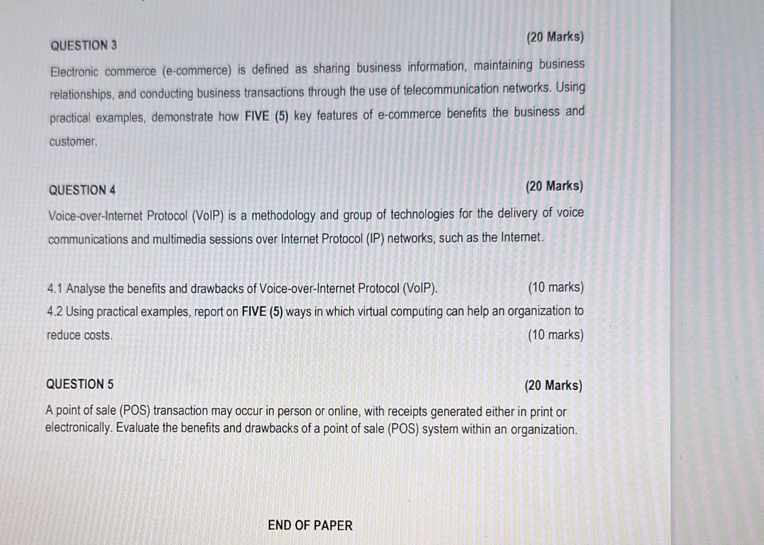 QUESTION 3 (20 Marks) Electronic commerce (e-commerce) is defined as sharing