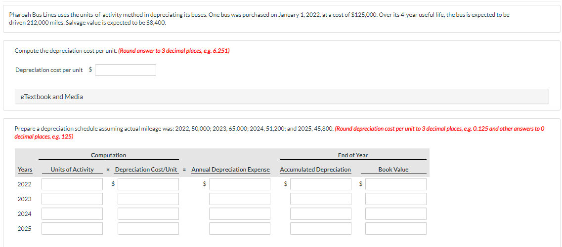 Pharoah Bus Lines uses the units-of-activity method in depreciating its buses.