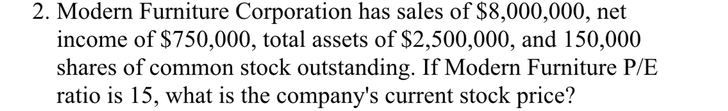 2. Modern Furniture Corporation has sales of $8,000,000, net income of $750,000,