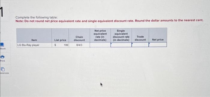  Complete the following table: Note: Do not round net price equivalent