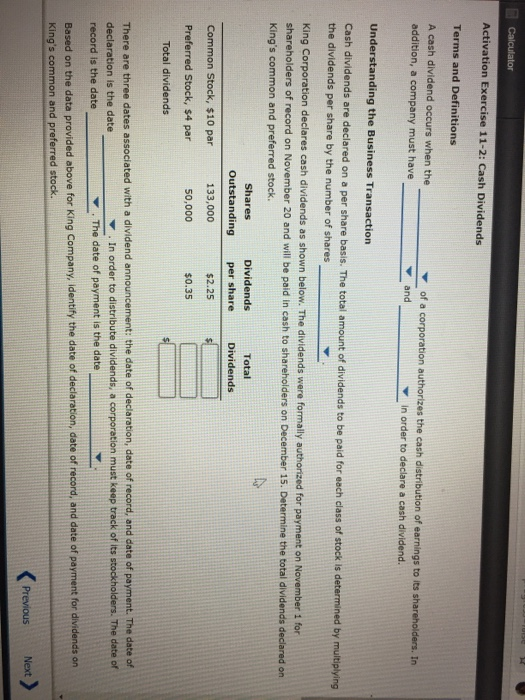  tor Activation Exercise 11-2: Cash Divi Terms and Definitions A cash