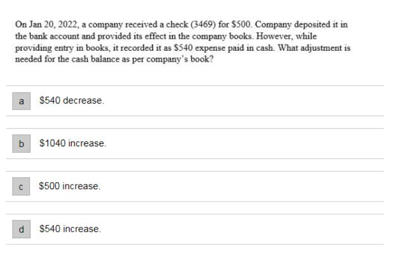  On Jan 20,2022, a company received a check (3469) for $500.